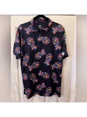 Proud 90 Golf Polo Shirt Black Neon Tropical Pineapple Colorful
